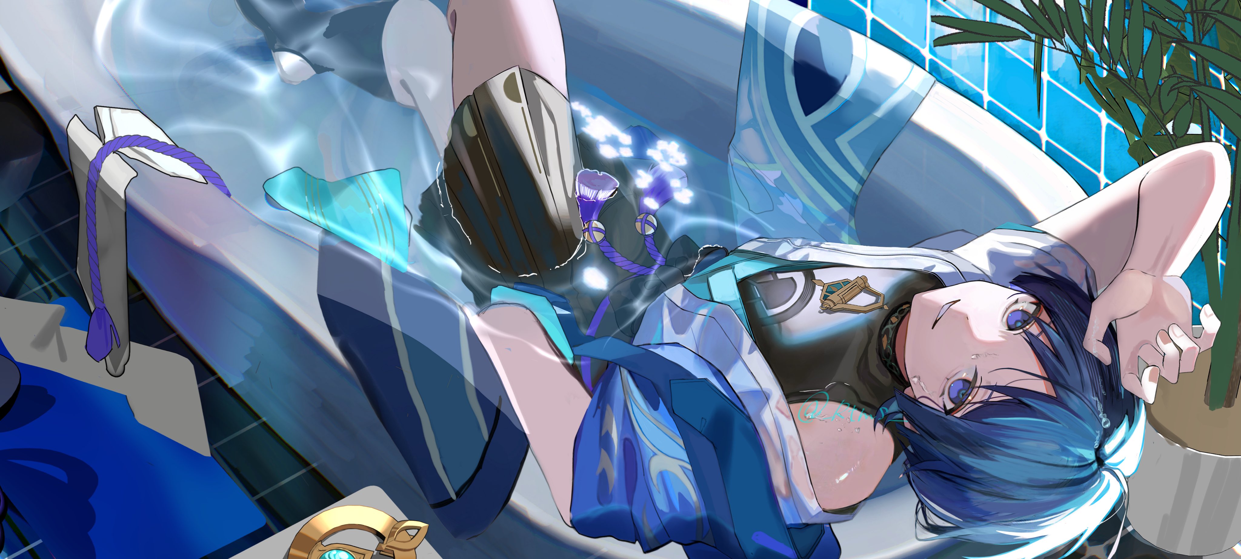 rtms, scaramouche (genshin impact), wanderer (genshin impact), genshin impact, absurdres, highres, 1boy, aqua gemstone, arm up, bathing, black bodysuit, black bow, black shorts, blue cape, blue hair, blue kimono, blunt ends, bodysuit, bow, cape, crossed legs, curled fingers, eyeliner, eyeshadow, fingernails, furisode, gem, hakama, hakama shorts, in bathtub, japanese clothes, juban, kimono, looking at viewer, lower eyelashes only, lying, makeup, male focus, on back, open clothes, open kimono, parted lips, plant, pleated shorts, potted plant, purple eyes, purple rope, purple sash, red eyeliner, red eyeshadow, rope, sash, short sleeves, shorts, single off shoulder, smile, solo, tassel, tile floor, tile wall, tiles, tsurime, turtleneck, turtleneck bodysuit, twitter username, vision (genshin impact), wet, wet clothes, wet hair, white kimono, white mouth, white sleeves, wispy bangs
