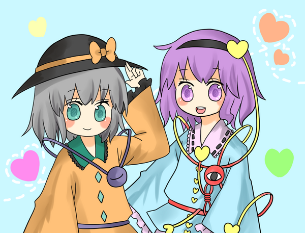 komeiji koishi, komeiji satori, touhou, eyebrows, non-web source, 2girls, black hairband, black hat, black ribbon, blue background, blue shirt, blush, bow, buttons, collar, diamond (shape), eyelashes, female focus, frilled shirt collar, frilled sleeves, frills, green eyes, grey hair, hairband, hat, hat bow, heart, heart button, long sleeves, multiple girls, open mouth, purple eyes, purple hair, ribbon, ribbon-trimmed collar, ribbon trim, shirt, short hair, siblings, sisters, smile, teeth, third eye, white collar, wide sleeves, yellow bow, yellow shirt
