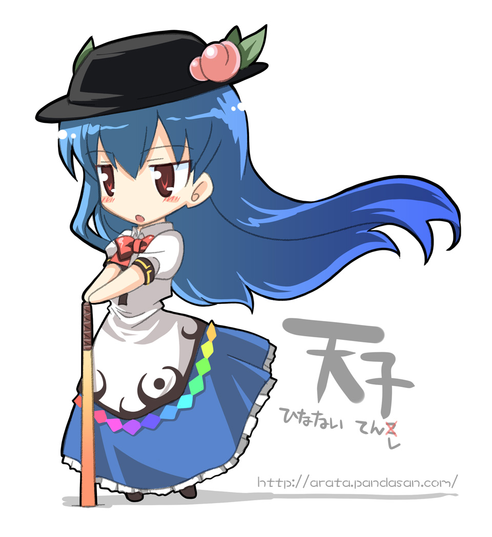 anoji, arata toshihira, hinanawi tenshi, touhou, 1girl, blue hair, chibi, female focus, food, fruit, hat, leaf, peach, red eyes, solo, sword, sword of hisou, weapon