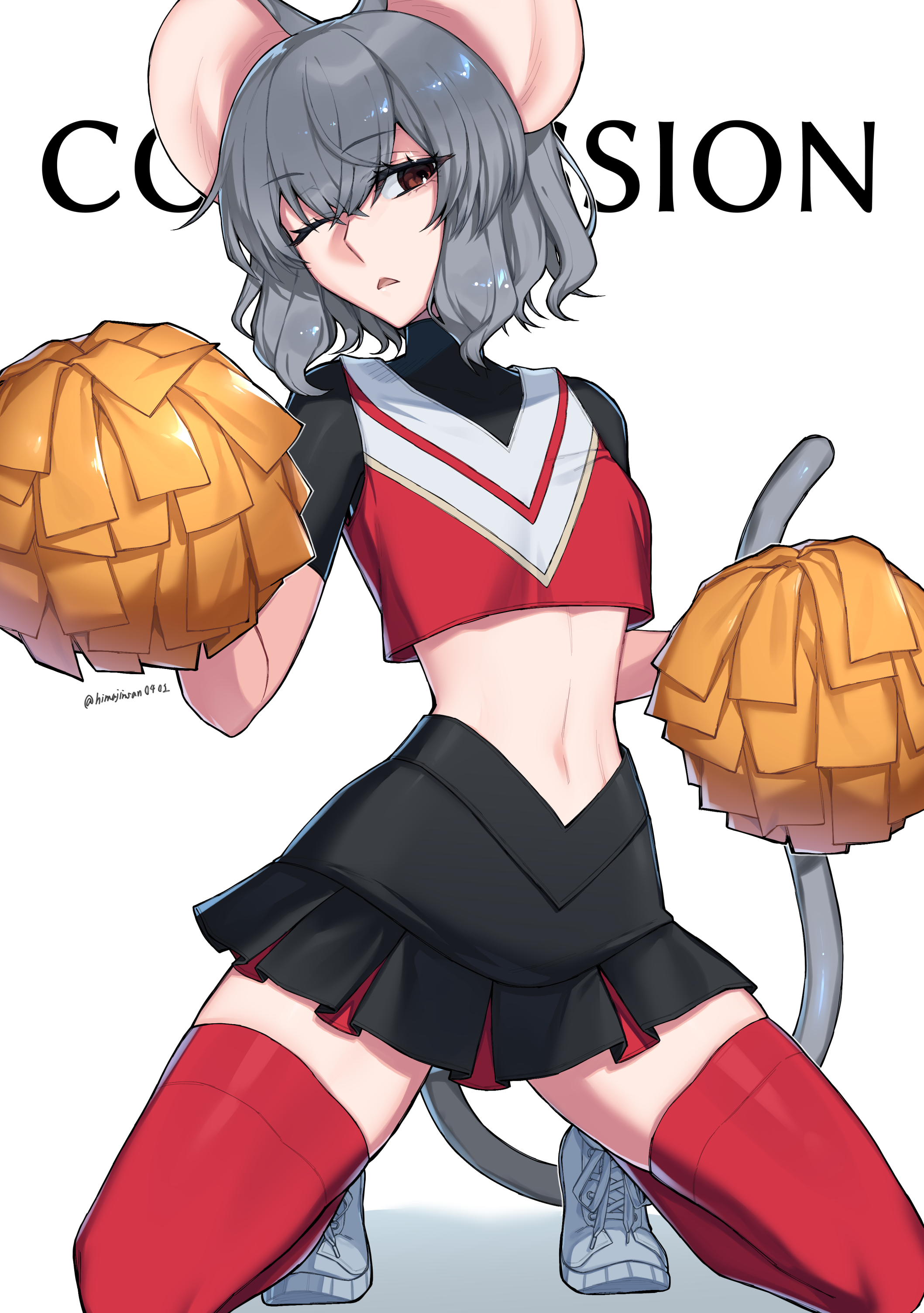 himadera, nazrin, touhou, absurdres, commission, highres, 1girl, animal ears, artist name, black shirt, black skirt, crossed bangs, grey hair, hair between eyes, holding, holding pom poms, kneeling, monster girl, mouse ears, navel, one eye closed, parted lips, pom pom (cheerleading), pom poms, red eyes, red shirt, red thighhighs, shirt, shoes, short hair, simple background, skirt, sleeveless, sleeveless shirt, solo, thighhighs, turtleneck, turtleneck shirt, twitter username, undershirt, white background, white shoes