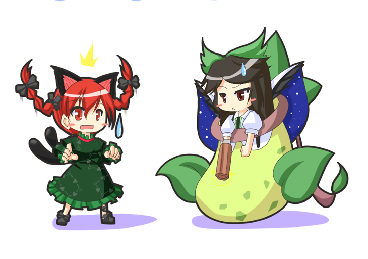 urushi, kaenbyou rin, reiuji utsuho, victreebel, nintendo, pokemon, touhou, 2girls, :<, animal ears, arm cannon, black hair, blush, braid, brown eyes, cat ears, cat tail, crossover, gen 1 pokemon, ghost, multiple girls, pokemon (creature), red eyes, red hair, ribbon, sweatdrop, tail, twin braids, twintails, weapon, wings