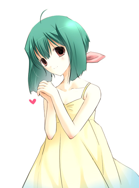 vanilla (artist), vanilla (nicolla), ranka lee, macross, macross frontier, 00s, 1girl, ahoge, collarbone, dress, female focus, green hair, looking at viewer, red eyes, short hair, simple background, sleeveless, sleeveless dress, solo, sundress, white background, yellow dress