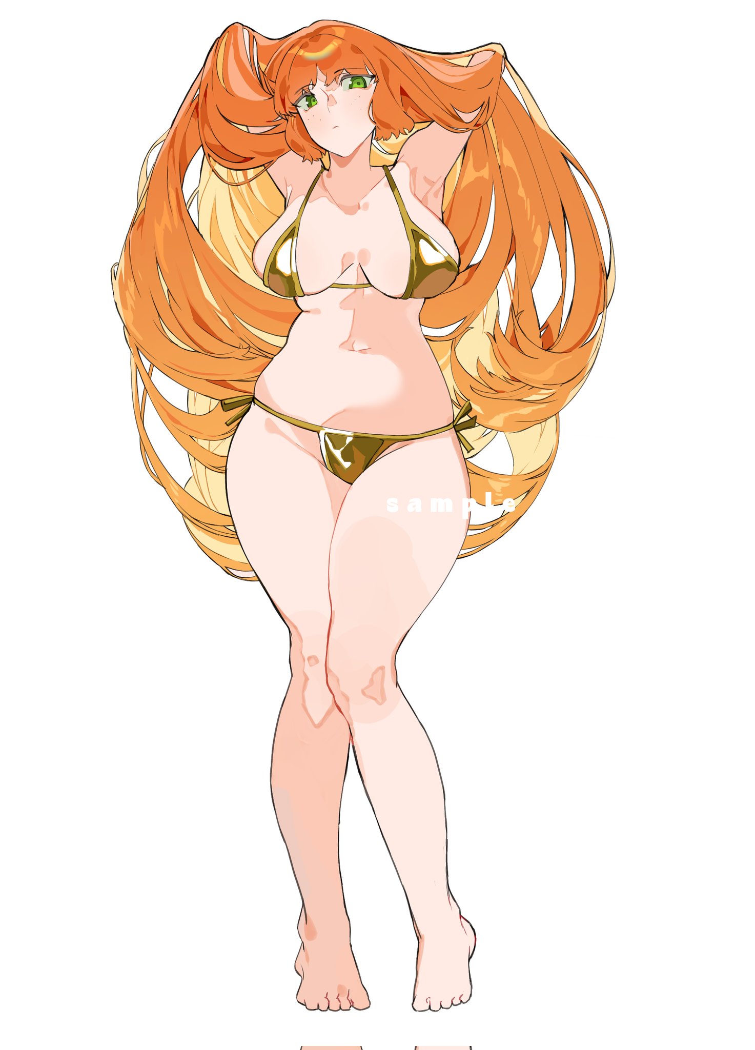 yongsadragon, ishmael (project moon), limbus company, project moon, highres, 1girl, alternate costume, barefoot, bikini, breasts, freckles, full body, gold bikini, green eyes, large breasts, long hair, looking at viewer, micro bikini, navel, orange hair, shiny swimsuit, simple background, solo, standing, stomach, swimsuit, thick thighs, thighs, white background