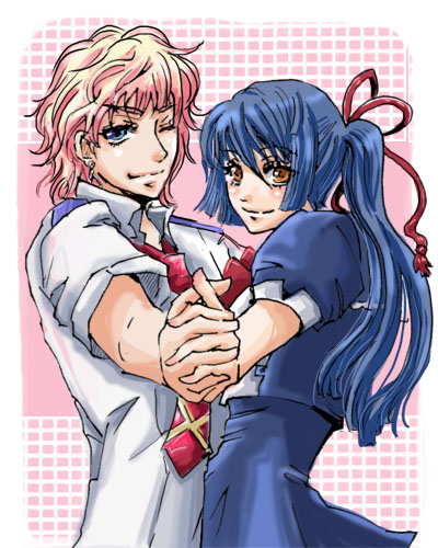 miyabi h46, saotome alto, sheryl nome, macross, macross frontier, lowres, 00s, 1boy, 1girl, blonde hair, blue hair, genderswap, genderswap (ftm), genderswap (mtf), long hair