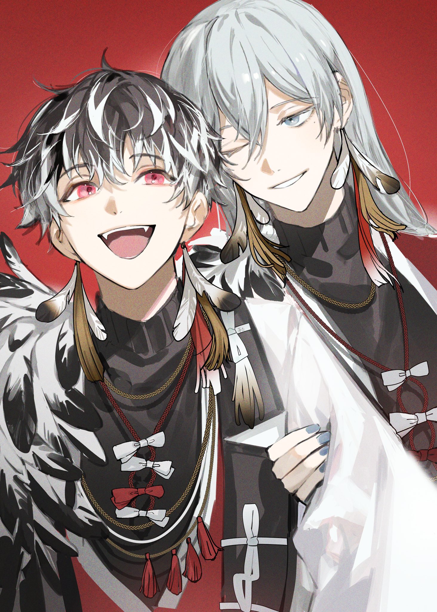 momo (idolish7), yuki (idolish7), idolish7, highres, 2boys, :d, aiguillette, black hair, bow, colored tips, earrings, epaulettes, fang, feather boa, feather earrings, feather shawl, feather trim, feathers, grey hair, hair between eyes, hakka1100, hand on another's arm, jewelry, long hair, looking at another, looking up, multicolored hair, multiple boys, nail polish, official alternate costume, one eye closed, open mouth, parted lips, pink eyes, red background, short hair, simple background, smile, sweater, tassel, tassel earrings, turtleneck, turtleneck sweater, upper body, white streaks
