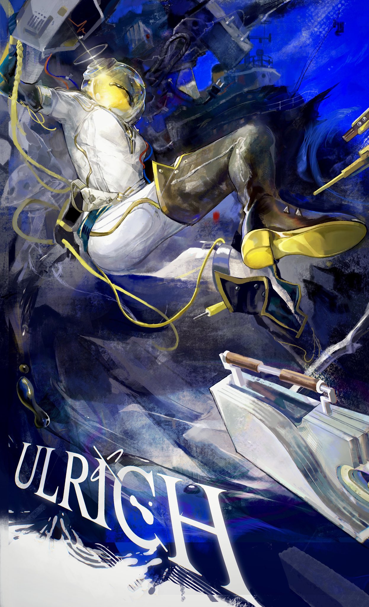 ulrich (reverse:1999), reverse:1999, highres, 1boy, black boots, blue background, boots, character name, falling, ferrofluid, fishbowl helmet, from below, full body, jumpsuit, male focus, object head, solo, suitcase, thigh boots, white jumpsuit, wutang maicha 1000cc