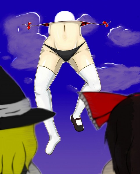 hakurei reimu, kirisame marisa, yakumo yukari, touhou, non-web source, 3girls, black hair, blonde hair, failure, female focus, gap (touhou), multiple girls, panties, portal (object), shoes, single shoe, thighhighs, underwear