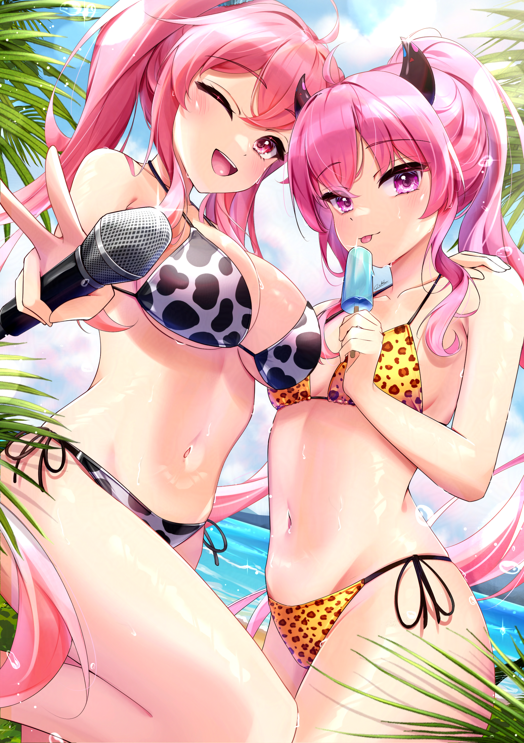oukei, grace (sound voltex), rasis, bemani, sound voltex, absurdres, highres, 2girls, ;d, ahoge, animal print, bare arms, bare legs, bikini, black bikini, breasts, cleavage, cow print, cow print bikini, crossed bangs, day, dutch angle, floating hair, food, groin, hair between eyes, hair intakes, halterneck, hand on another's shoulder, high ponytail, holding, holding food, holding microphone, holding popsicle, horns, large breasts, leg up, leopard print, leopard print bikini, long hair, looking at viewer, microphone, multicolored bikini, multiple girls, navel, ocean, one eye closed, open mouth, outdoors, pink eyes, pink hair, ponytail, popsicle, print bikini, side-tie bikini bottom, sideboob, sidelocks, small breasts, smile, summer, swimsuit, tongue, tongue out, twintails, two-tone bikini, underboob, very long hair, white bikini, yellow bikini