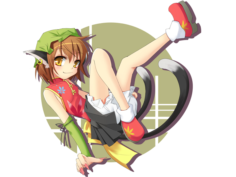 wapokichi, chen, touhou, 1girl, animal ears, arm warmers, bare shoulders, bloomers, cat ears, cat girl, cat tail, china dress, chinese clothes, dress, earrings, female focus, fingernails, full body, hat, jewelry, long fingernails, multiple tails, nail (hardware), smile, solo, tail, underwear, white bloomers, yellow eyes
