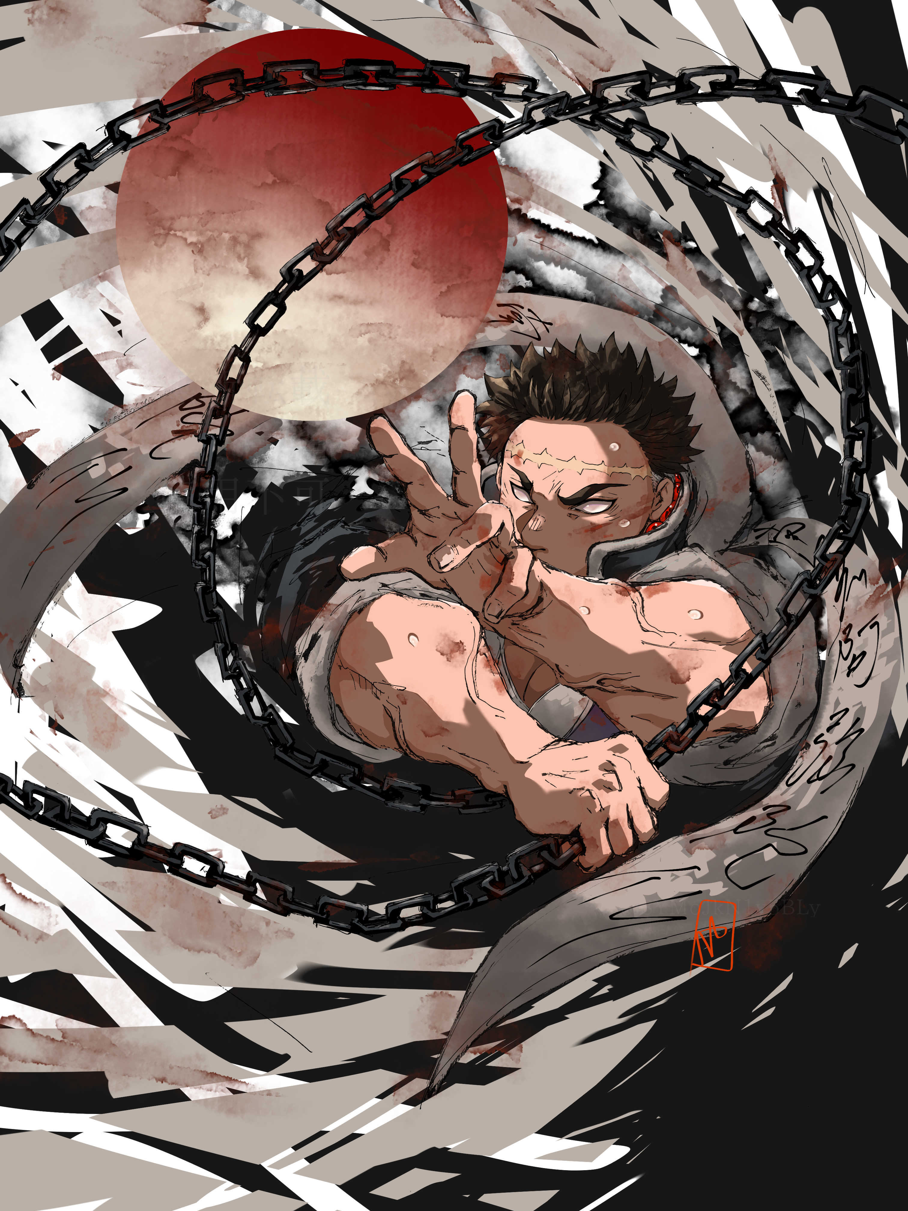 yae (8lsymojkn1y5bly), himejima gyoumei, kimetsu no yaiba, absurdres, highres, 1boy, beads, black hair, blank eyes, blood, chain, chain blades, demon slayer uniform, haori, japanese clothes, male focus, muscular, muscular male, prayer beads, scar, scar on face, scar on forehead, short hair, solo, veins, veiny arms