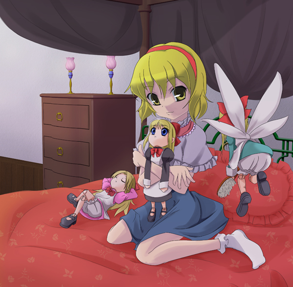 wapokichi, alice margatroid, shanghai doll, touhou, 4girls, arms behind head, bed, bloomers, crossed legs, doll, dress, female focus, indoors, lying, multiple girls, sitting, socks, solo, underwear, wariza