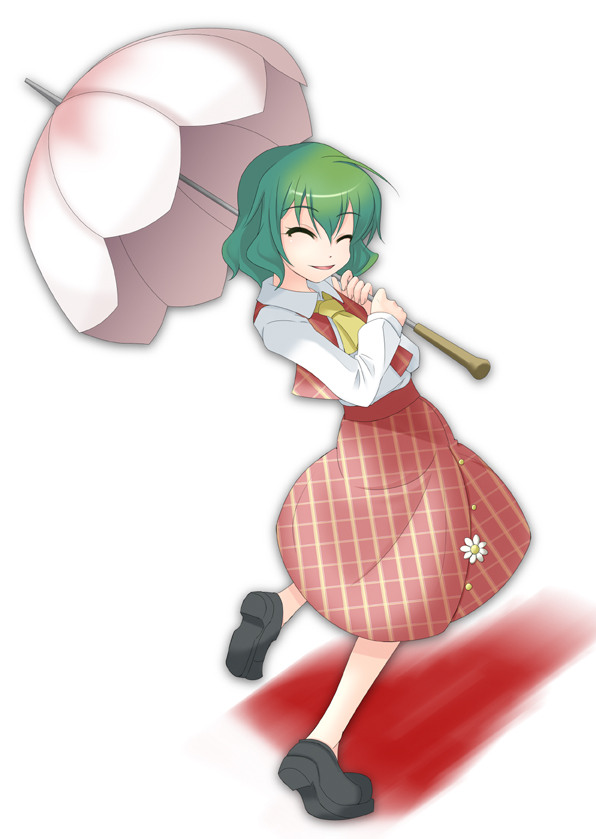 wapokichi, kazami yuuka, touhou, 1girl, ascot, closed eyes, female focus, full body, green hair, loafers, parasol, plaid clothes, plaid skirt, plaid vest, shoes, short hair, skirt, skirt set, smile, solo, standing, umbrella, unmoving pattern, vest, white background