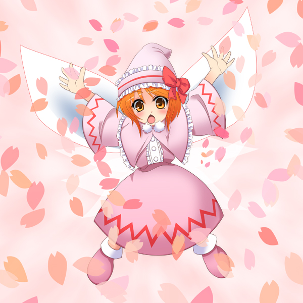 wapokichi, lily white, touhou, 1girl, ankle boots, arms up, boots, brown eyes, cherry blossoms, dress, fairy, fairy wings, female focus, full body, fur trim, long sleeves, looking at viewer, orange hair, petals, pink background, pink dress, short hair, simple background, solo, wings