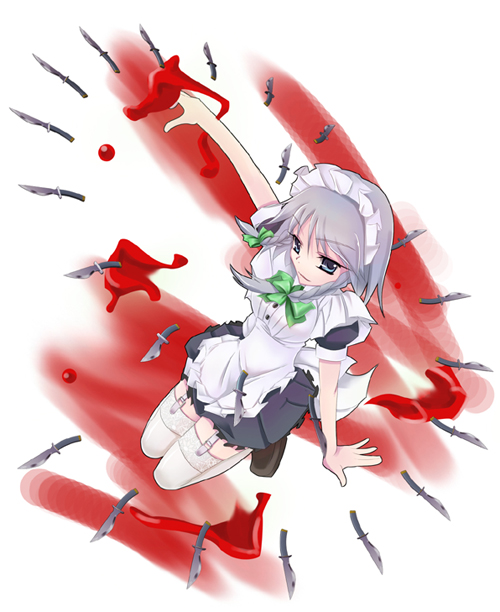 wapokichi, izayoi sakuya, touhou, silver hair, 1girl, blood, braid, female focus, knife, short hair, solo, thighhighs, throwing knife, twin braids, weapon