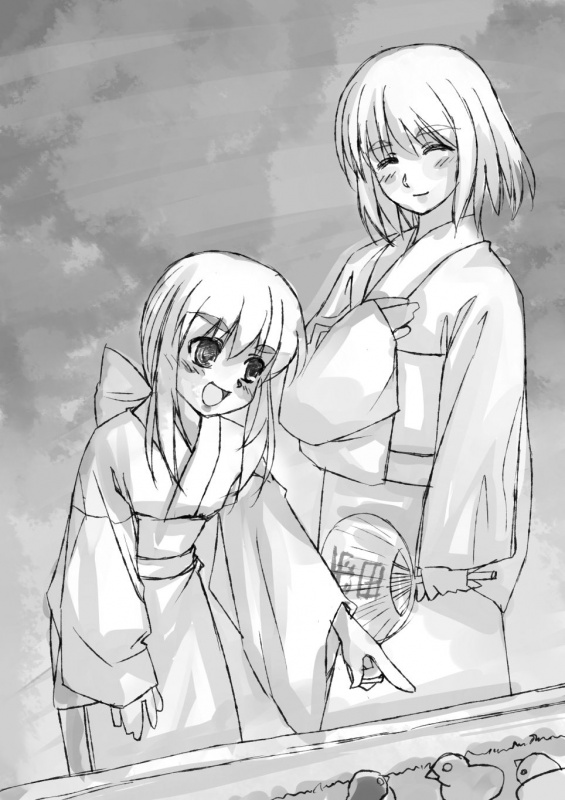 yu-ki, yuuki (snowhouse), hinanawi tenshi, nagae iku, touhou, 2girls, :d, blush, expressionless, female focus, greyscale, height difference, japanese clothes, long sleeves, looking at viewer, monochrome, multiple girls, open mouth, pointing, short hair, smile