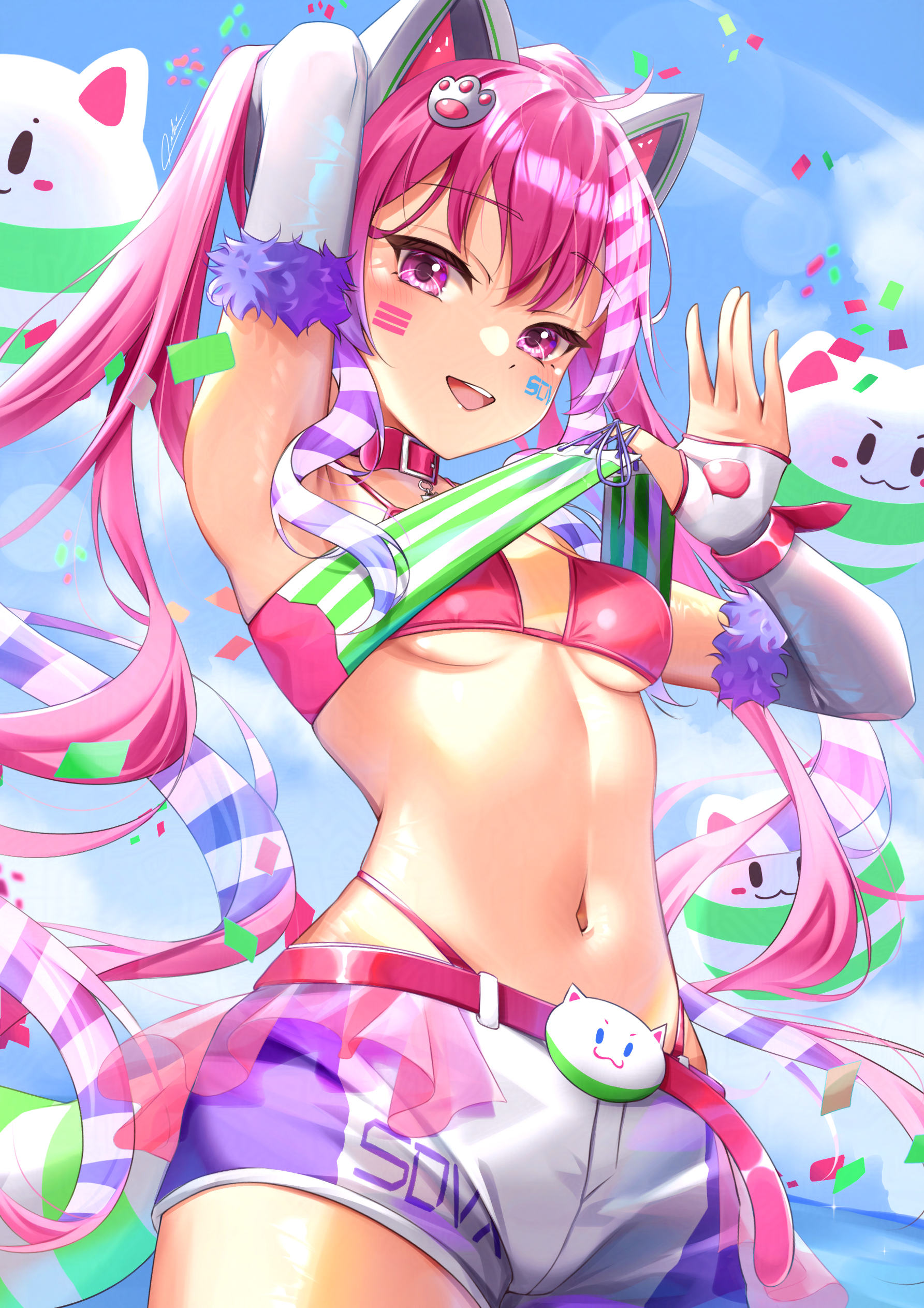 oukei, grace (sound voltex), bemani, sound voltex, absurdres, highres, 1girl, :d, arm up, armpits, bandeau, bandeau lift, bikini, bikini under clothes, breasts, clothes lift, collar, day, detached sleeves, facial mark, floating hair, lifting own clothes, long hair, medium breasts, navel, open mouth, outdoors, pink bikini, pink eyes, pink hair, purple shorts, red collar, short shorts, shorts, smile, solo, swimsuit, twintails, underboob, very long hair, white shorts, white sleeves