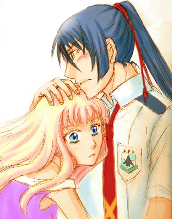 saotome alto, sheryl nome, macross, macross frontier, lowres, 00s, 1boy, 1girl, blonde hair, blue eyes, blue hair, couple, hand on another's head, head rest, hetero, hug, long hair