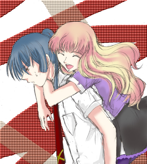 saotome alto, sheryl nome, macross, macross frontier, 00s, 1boy, 1girl, blonde hair, blue hair, happy, long hair, pantyhose, school uniform