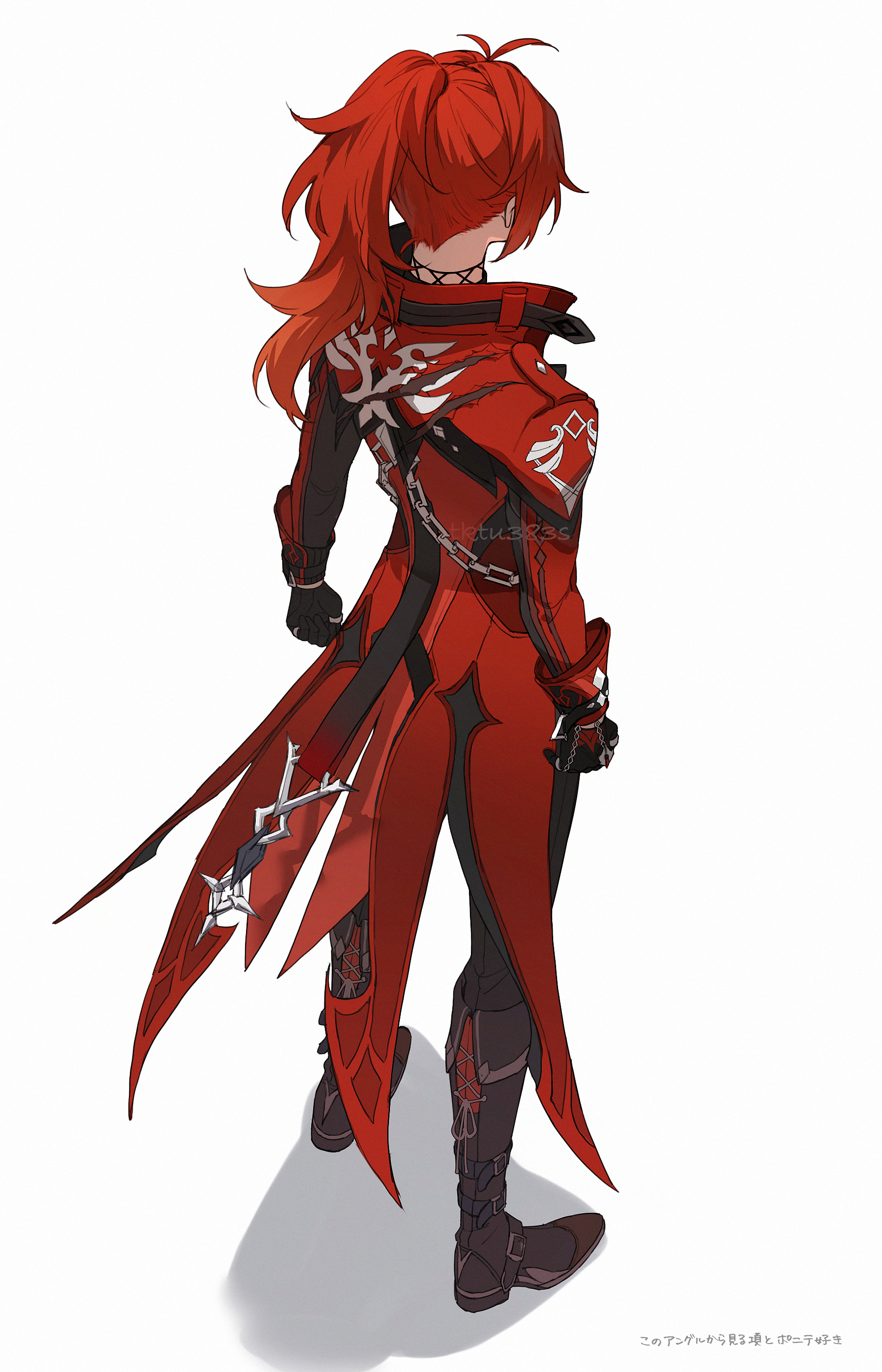 tofu (bean359), diluc (genshin impact), genshin impact, absurdres, highres, 1boy, black boots, black gloves, black pants, boots, coat, gloves, long hair, long sleeves, male focus, pants, ponytail, red coat, red hair, simple background, solo, white background