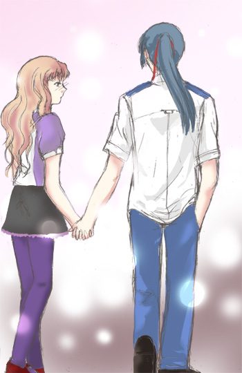 saotome alto, sheryl nome, macross, macross frontier, 00s, 1boy, 1girl, blonde hair, blue hair, couple, from behind, hetero, holding hands, long hair, pantyhose