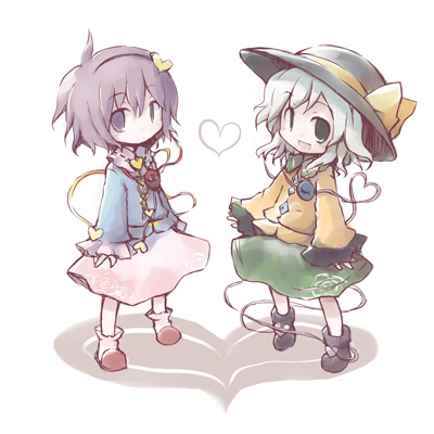 dorua (dollar), komeiji koishi, komeiji satori, touhou, lowres, 2girls, blouse, bow, chibi, female focus, multiple girls, shirt, siblings, sisters, yellow bow, yellow shirt