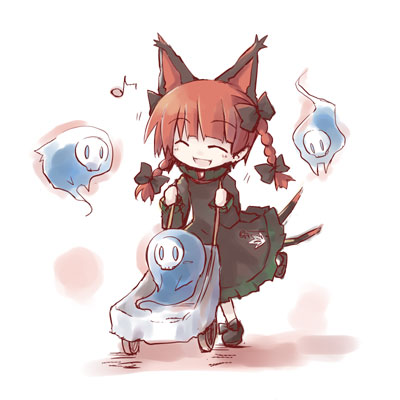 dorua (dollar), kaenbyou rin, touhou, lowres, 1girl, braid, chibi, female focus, solo, standing, twin braids, wheelbarrow, white background