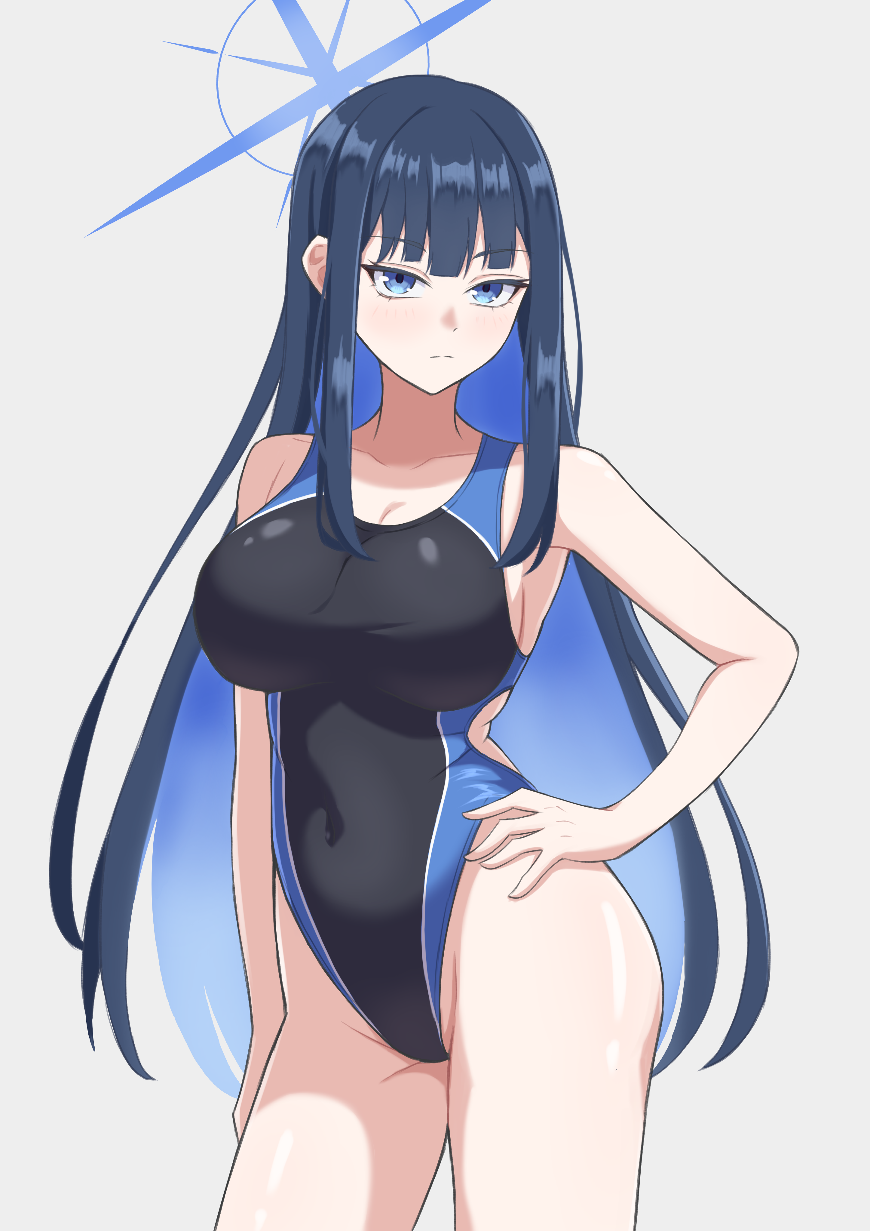 minaduki0707, saori (blue archive), blue archive, absurdres, highres, 1girl, black hair, black one-piece swimsuit, blue eyes, blue hair, blue halo, blunt bangs, breasts, colored inner hair, competition swimsuit, grey background, halo, hand on own hip, highleg, highleg one-piece swimsuit, large breasts, long hair, looking at viewer, multicolored hair, one-piece swimsuit, simple background, solo, swimsuit, two-tone swimsuit