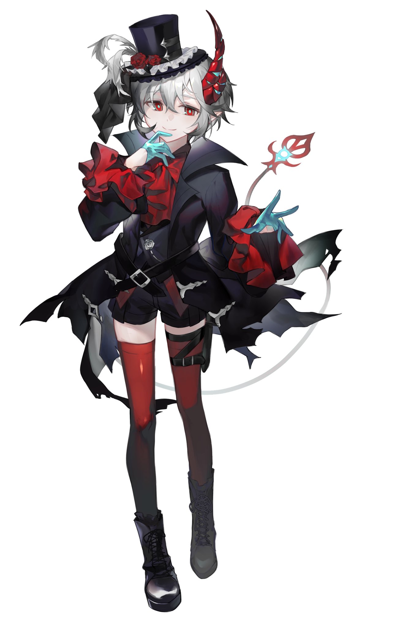 fructoseies, stirbargen (elsword), elsword, highres, 1boy, alternate costume, ascot, belt, black belt, black boots, black jacket, black shorts, blue gloves, boots, collared jacket, demon boy, demon horns, demon tail, feathers, flower, frilled ascot, frilled hat, frilled sleeves, frills, full body, gloves, half gloves, hat, hat feather, hat flower, horns, jacket, multicolored eyes, pointy ears, red ascot, red eyes, red flower, red horns, red rose, red thighhighs, rose, shorts, single horn, smile, tail, thigh belt, thigh strap, thighhighs, top hat, white hair