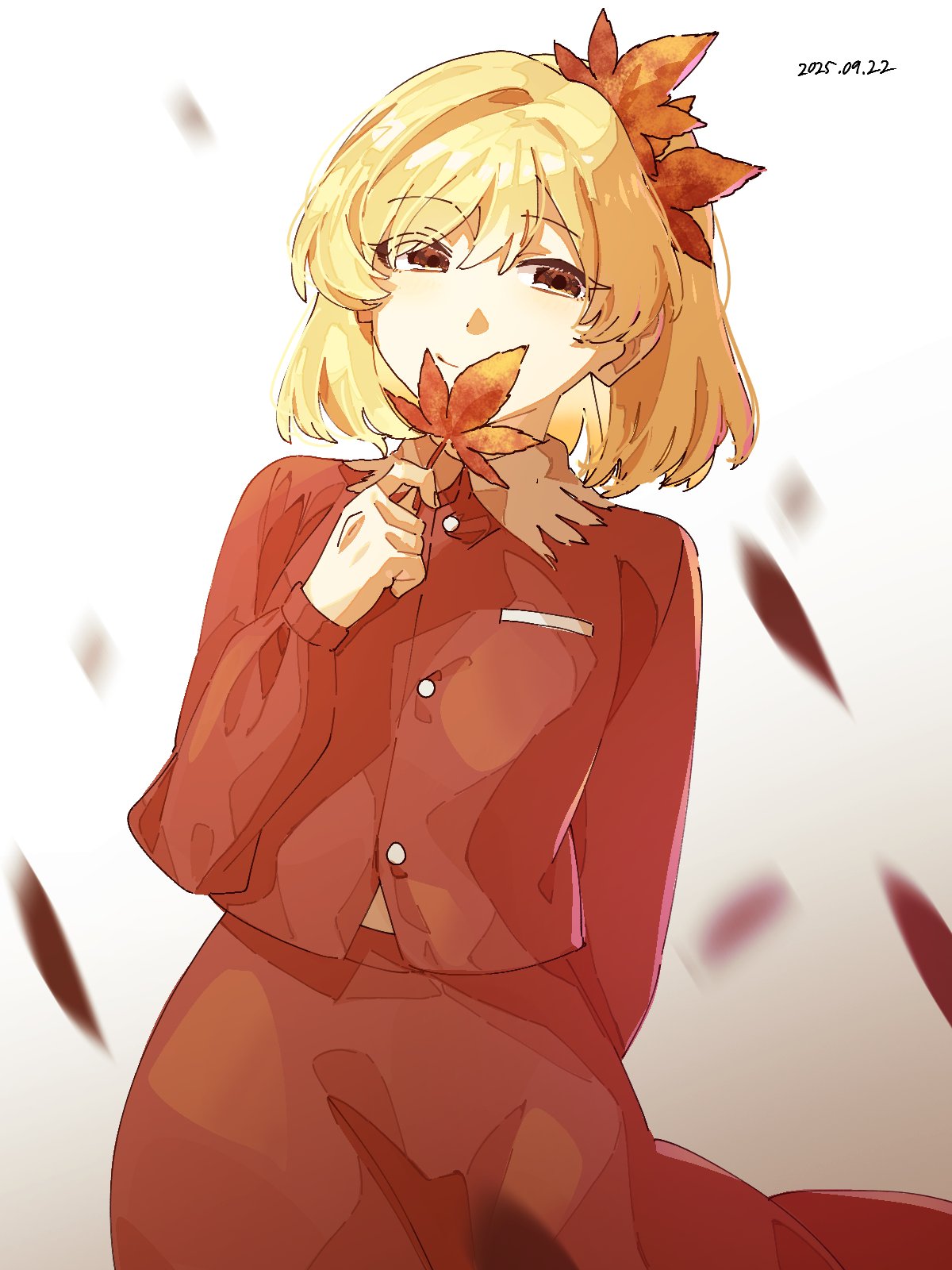 irohasu (sasagarasu), aki shizuha, touhou, commentary request, highres, 1girl, arm behind back, blonde hair, brown eyes, dated, falling leaves, hair between eyes, holding, holding leaf, leaf, long sleeves, looking at viewer, maple leaf, maple leaf hair ornament, medium hair, orange shirt, orange skirt, shirt, skirt, smile, solo