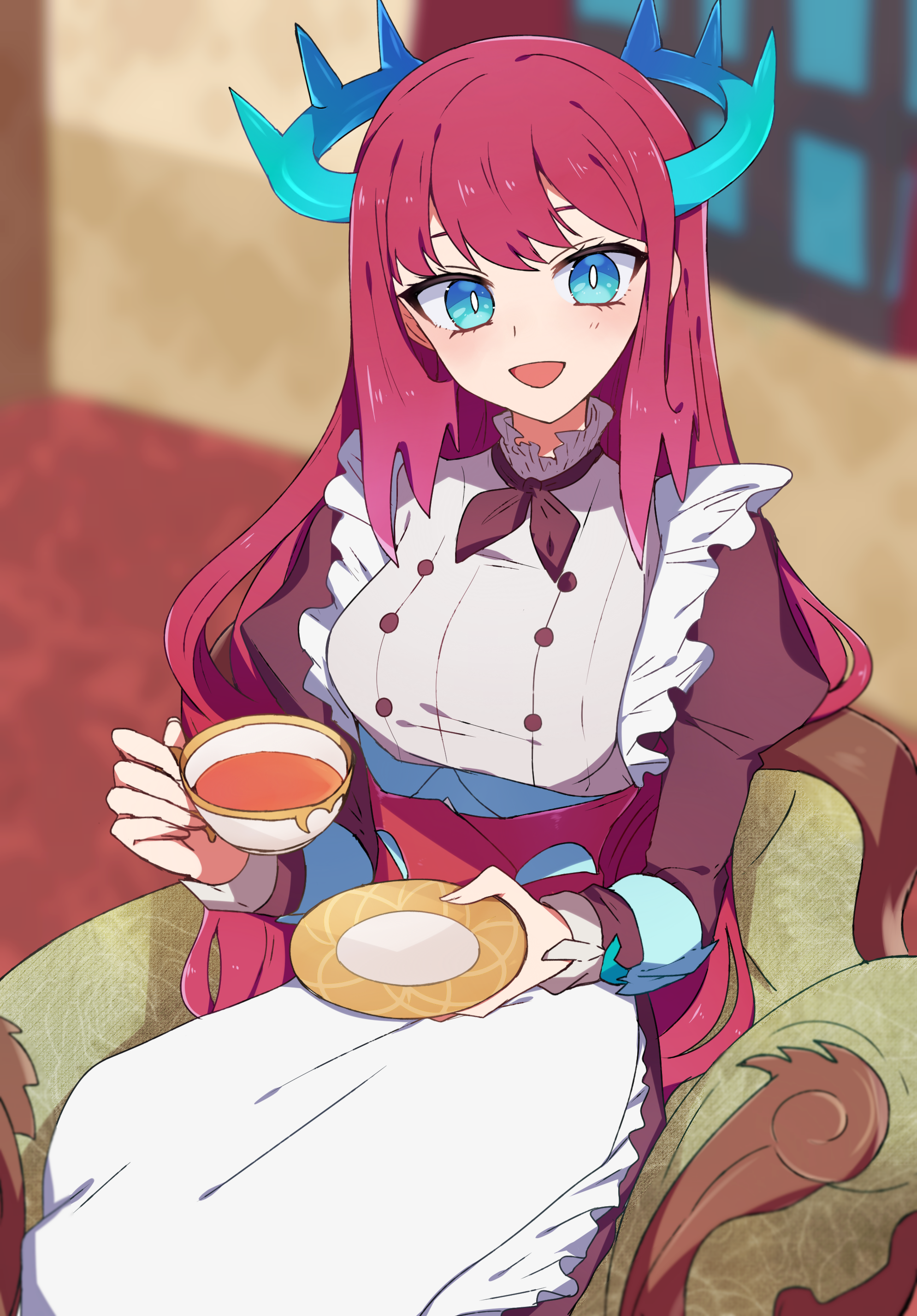 nanashiba (banntlla), kitchen dragonmaid, yu-gi-oh!, absurdres, highres, 1girl, apron, blue eyes, blue horns, blurry, blurry background, breasts, chef, couch, cup, dragon girl, dragon horns, dragon wings, duel monster, frilled apron, frills, holding, holding cup, holding plate, horns, large breasts, long hair, long sleeves, maid apron, on couch, open mouth, plate, puffy long sleeves, puffy sleeves, red hair, sitting, smile, solo, tea, teacup, wings