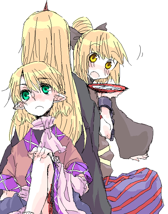 tadano kagekichi, hoshiguma yuugi, kurodani yamame, mizuhashi parsee, touhou, 3girls, cup, female focus, horns, jaggy lines, multiple girls, oekaki, sakazuki, single horn