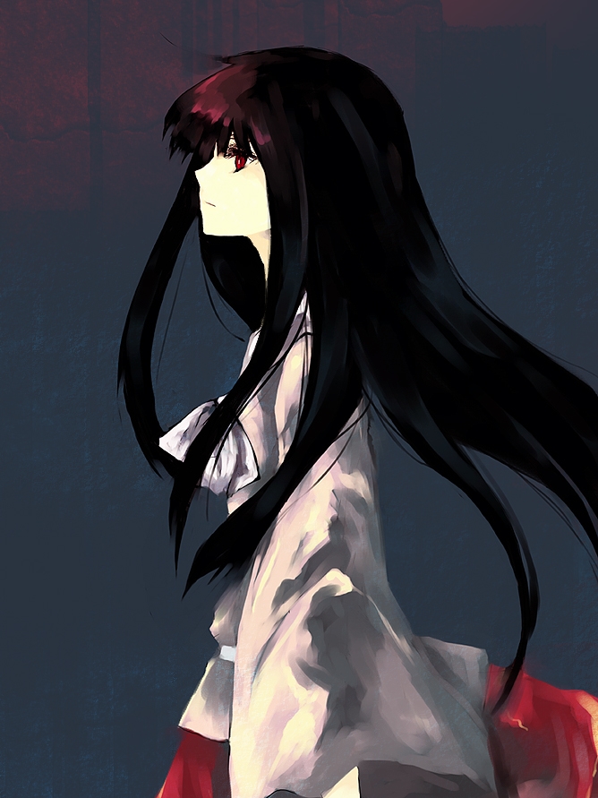 fori, houraisan kaguya, touhou, 1girl, black hair, female focus, grey background, long hair, red eyes, solo, standing