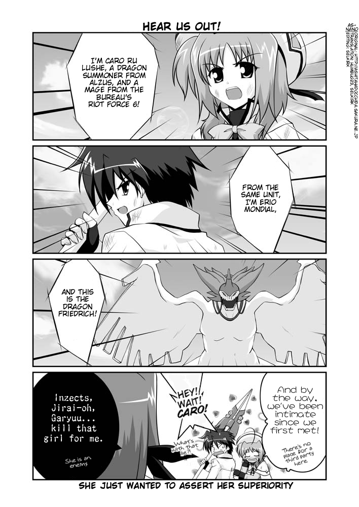 mikage takashi, caro ru lushe, erio mondial, friedrich (nanoha), kerykeion (nanoha), lutecia, lutecia alpine, strada, lyrical nanoha, mahou shoujo lyrical nanoha, mahou shoujo lyrical nanoha strikers, hard-translated, third-party edit, translated, 00s, 1boy, 2girls, ahoge, blush, blush stickers, bow, cape, closed eyes, coat, comic, dragon, english text, fingerless gloves, gloves, greyscale, hand on own cheek, hand on own face, hat, magical boy, magical girl, monochrome, multiple girls, open clothes, open coat