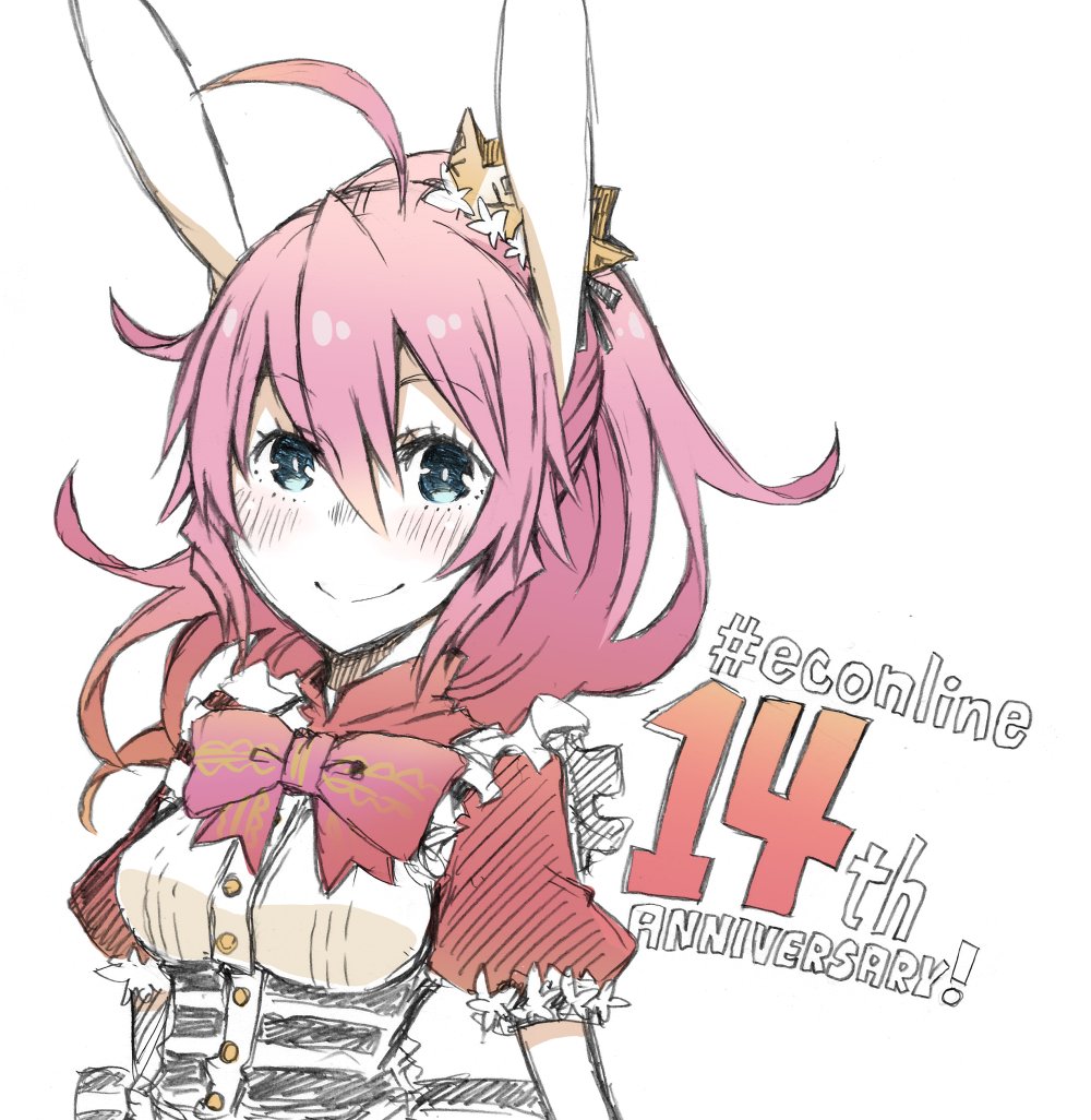 sasakamakue, emil chronicle online, 1girl, ahoge, animal ears, anniversary, apron, blue eyes, crown, dress, frilled apron, frills, hashtag, minnie doe alma, neck ribbon, pink hair, pink ribbon, ponytail, rabbit ears, rabbit girl, red dress, ribbon, smile, solo, upper body, white apron, white background