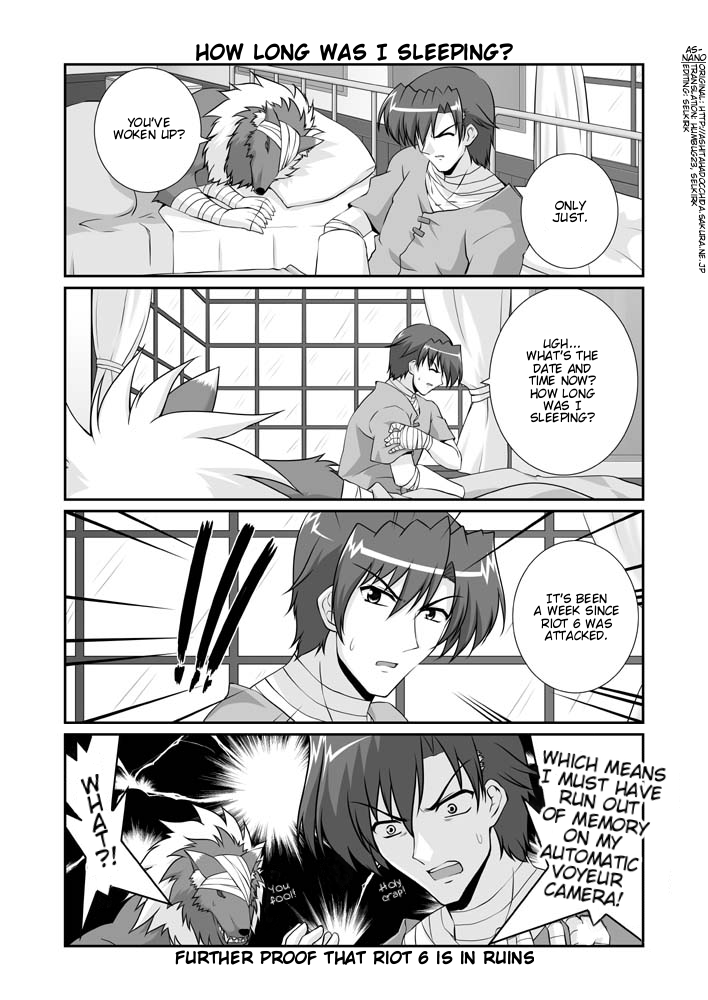mikage takashi, vice granscenic, zafira, lyrical nanoha, mahou shoujo lyrical nanoha, mahou shoujo lyrical nanoha strikers, hard-translated, third-party edit, translated, > <, 00s, 1boy, bandaged arm, bandaged hand, bandaged head, bandaged neck, bandages, closed eyes, comic, english text, greyscale, monochrome, wolf