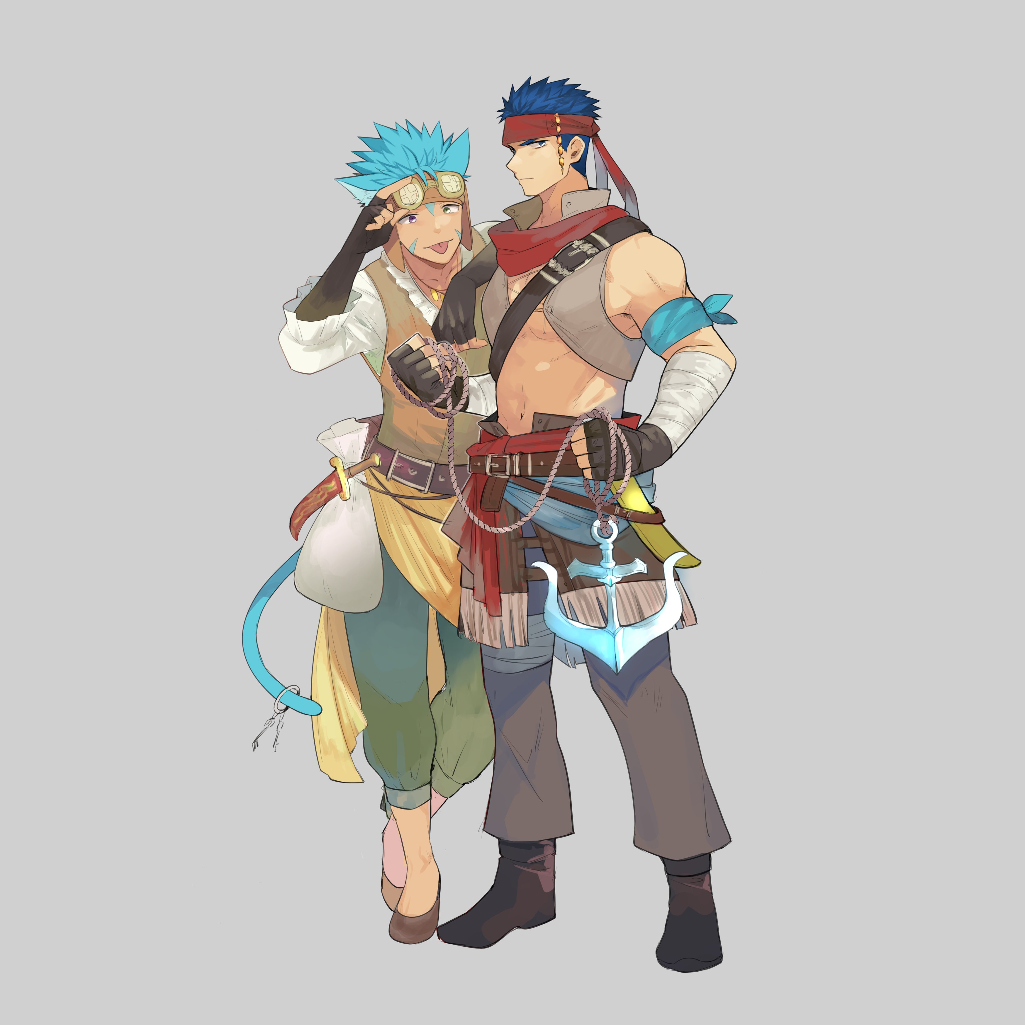 aper, ike (fire emblem), ranulf (fire emblem), fire emblem, fire emblem: radiant dawn, fire emblem heroes, nintendo, absurdres, bilingual commentary, chinese commentary, commentary request, highres, mixed-language commentary, 2boys, adjusting eyewear, alternate costume, animal ears, belt, blue eyes, blue hair, cat boy, cat ears, eyewear on head, fingerless gloves, gloves, green eyes, grey background, headband, headdress, heterochromia, male focus, multiple boys, navel, pirate costume, purple eyes, red headband, short hair, simple background, tail, tongue, tongue out