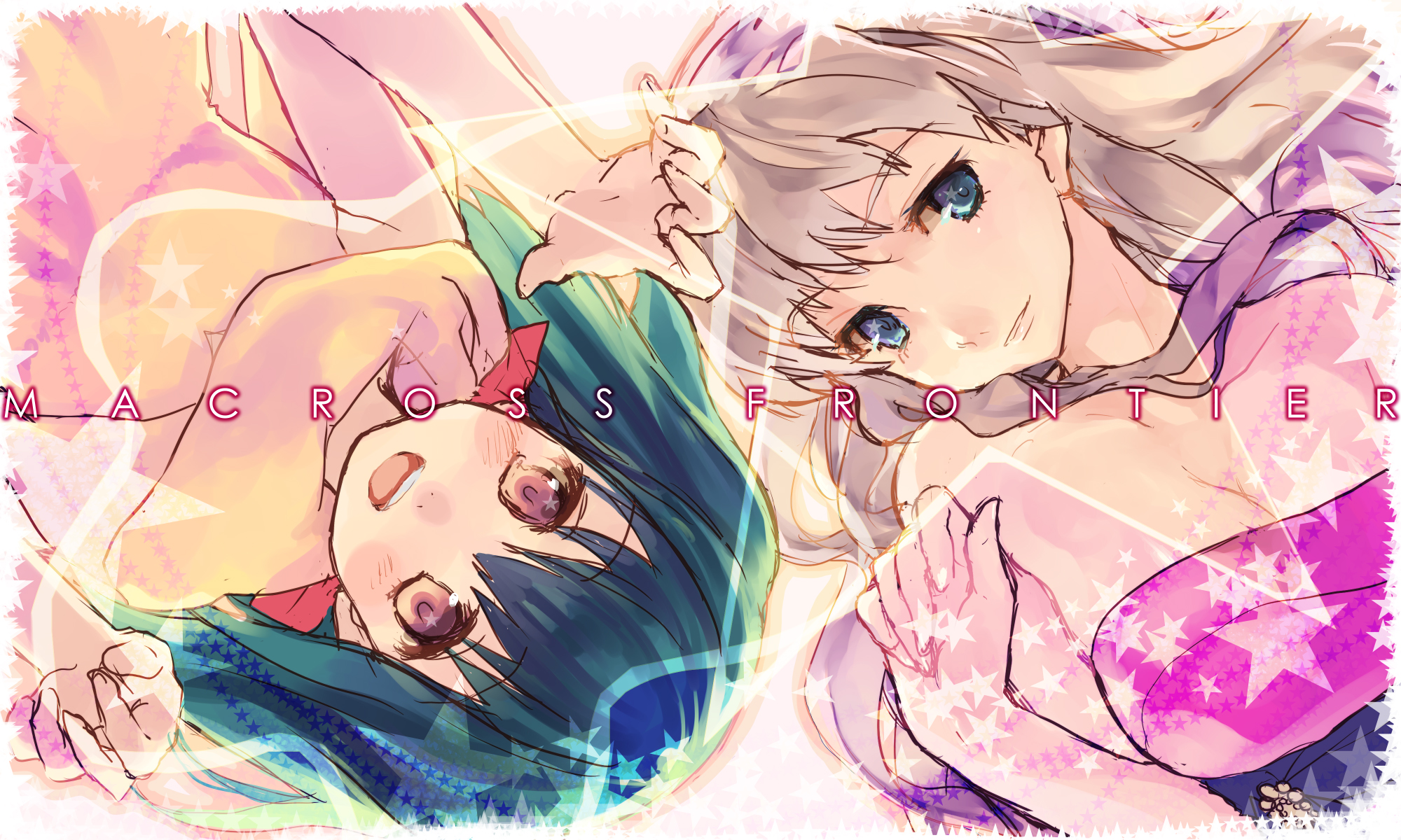 kaimuari, ranka lee, sheryl nome, macross, macross frontier, bad id, bad pixiv id, highres, 00s, 2girls, blue eyes, green hair, multiple girls, open mouth, short hair, star (symbol)