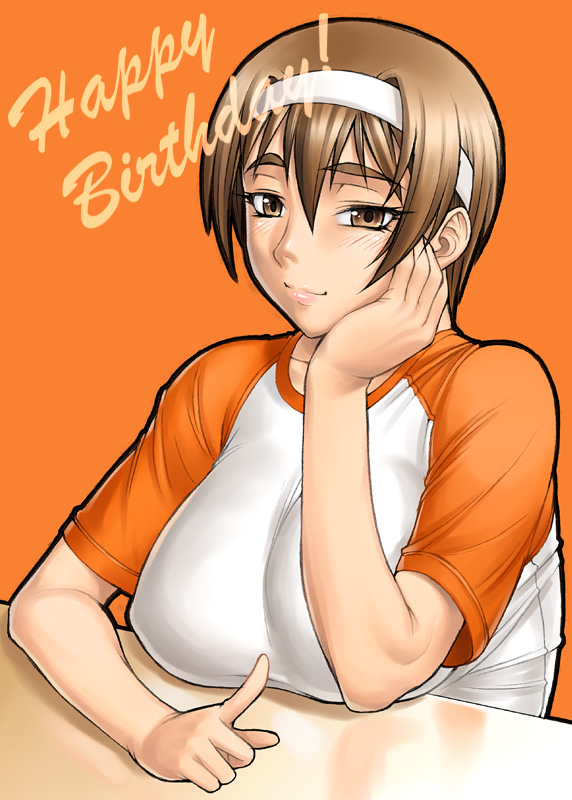 bang-you, kashiwagi azusa, kizuato, 1girl, breasts, brown eyes, brown hair, english text, female focus, hairband, huge breasts, large breasts, pointing, raglan sleeves, short hair, solo