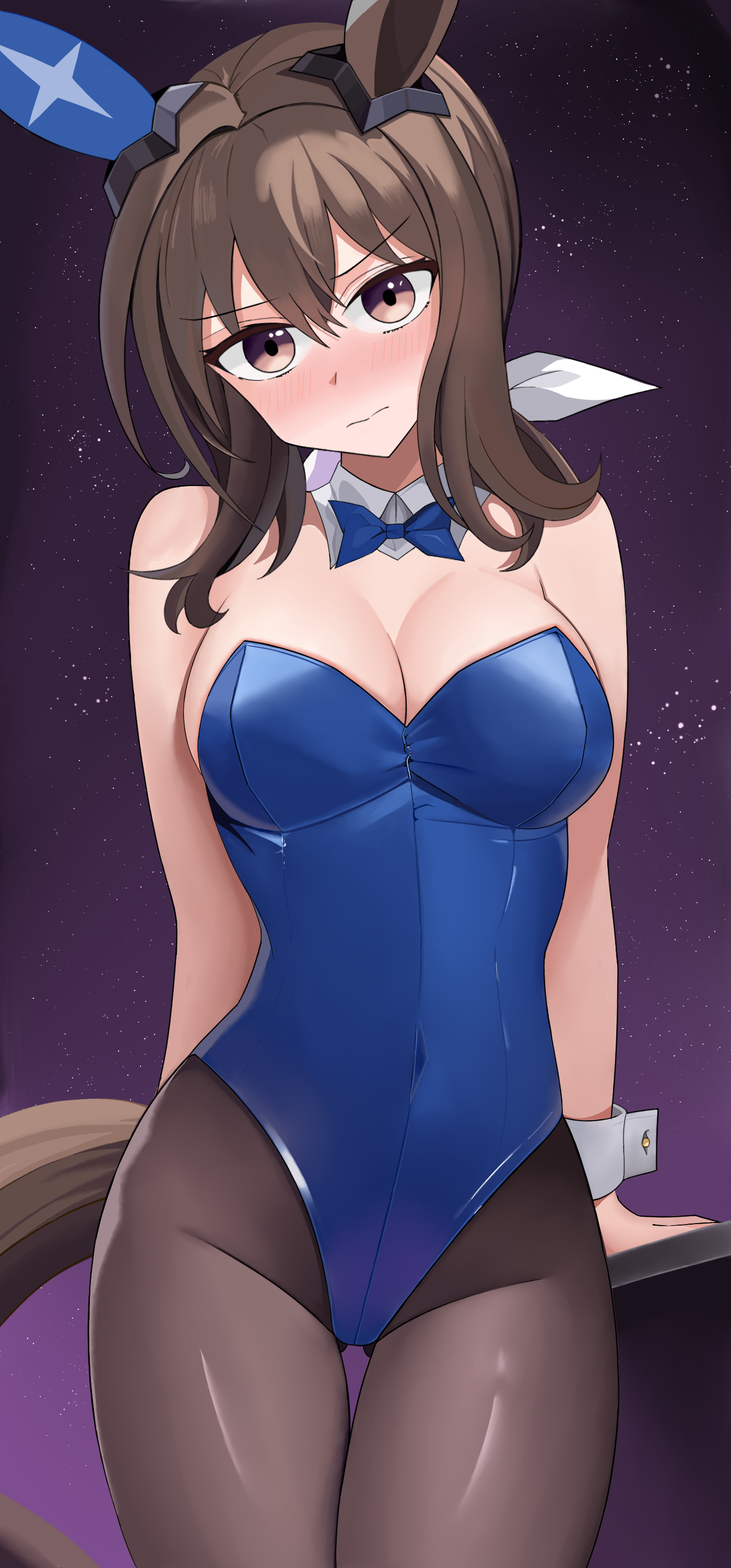 admire vega (umamusume), umamusume, absurdres, highres, 1girl, animal ear hairband, animal ears, black pantyhose, blue bow, blue bowtie, blue leotard, bow, bowtie, breasts, brown hair, cleavage, detached collar, ear covers, fake animal ears, gradient background, hairband, horse ears, horse girl, horse tail, leotard, limit zero, long hair, medium breasts, nontraditional playboy bunny, pantyhose, purple background, rabbit tail, single ear cover, solo, strapless, strapless leotard, tail, thigh gap, wrist cuffs