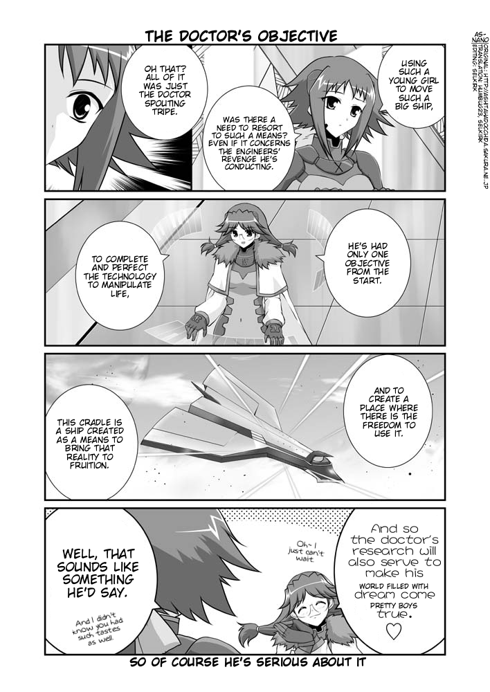 mikage takashi, dieci (nanoha), numbers (nanoha), quattro (nanoha), lyrical nanoha, mahou shoujo lyrical nanoha, mahou shoujo lyrical nanoha strikers, hard-translated, third-party edit, translated, 00s, 2girls, bodysuit, bow, closed eyes, comic, english text, facial mark, glasses, gloves, greyscale, hair bow, hand on own face, heart, monochrome, multiple girls, planet, ponytail, spacecraft