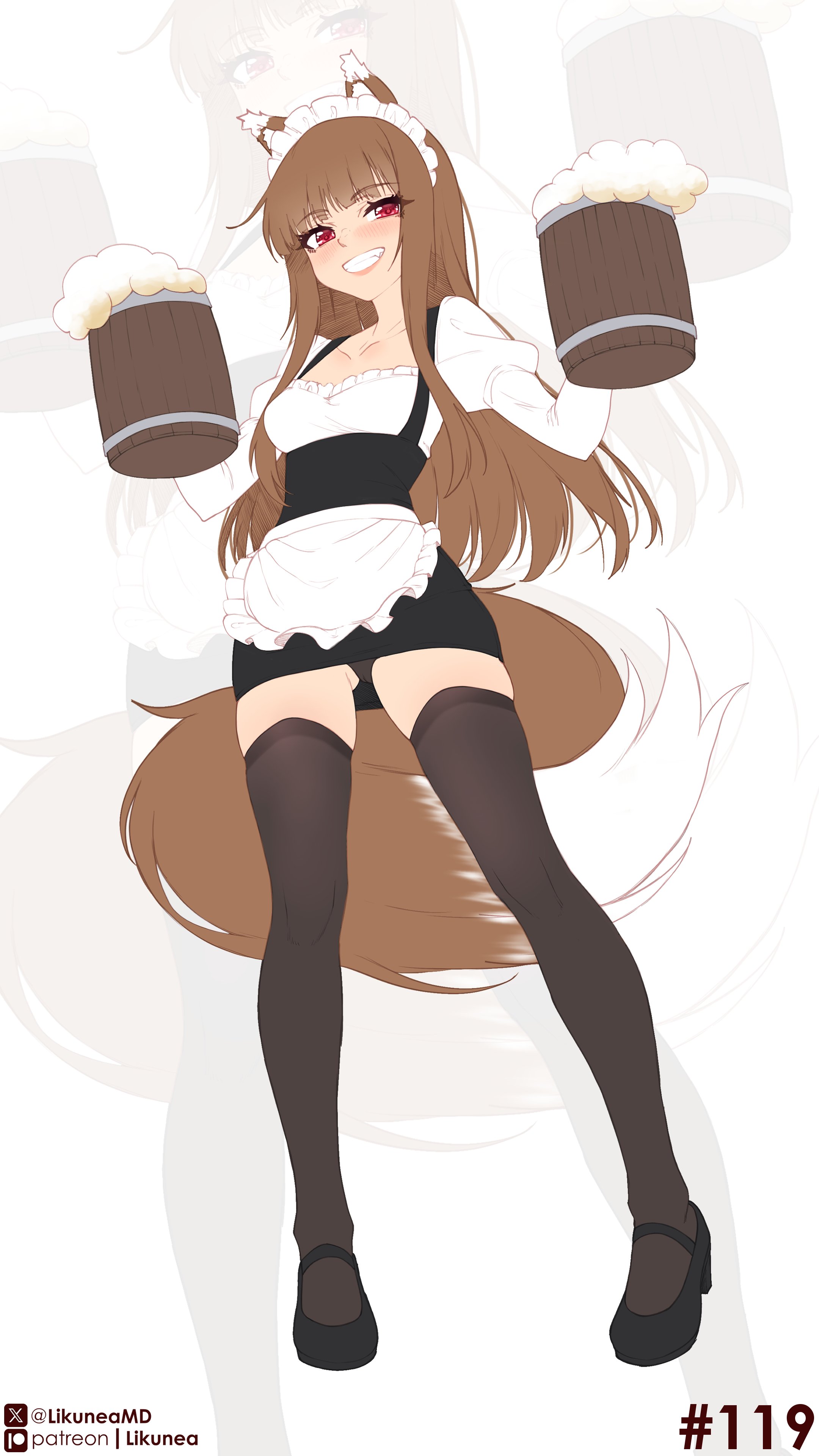likunea, holo, spice and wolf, absurdres, highres, 1girl, alcohol, animal ear fluff, animal ears, beer, beer mug, black panties, black shoes, black thighhighs, blunt bangs, brown hair, clenched teeth, cup, fang, holding, holding cup, long hair, maid headdress, mug, panties, patreon logo, patreon username, red eyes, shoes, smile, solo, standing, tail, teeth, thighhighs, twitter username, twitter x logo, underwear, wolf ears, wolf girl, wolf tail, zoom layer