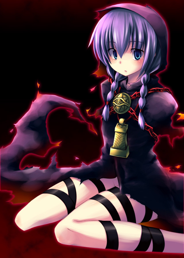 nagami yuu, curse maker, curse maker 2, atlus, etrian odyssey, bell, blue eyes, bottomless, braid, chain, hood, purple hair, sitting, solo, twin braids, twintails