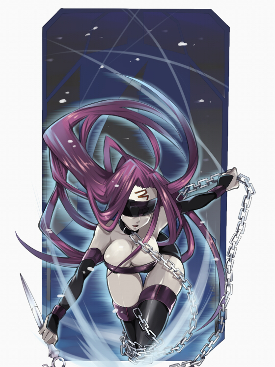 akishima kei, medusa (fate), medusa (rider) (fate), fate/stay night, fate (series), bad id, bad pixiv id, 00s, 1girl, bent over, breasts, chain, cleavage, detached sleeves, female focus, large breasts, long hair, nameless dagger (fate), purple hair, solo, thighhighs