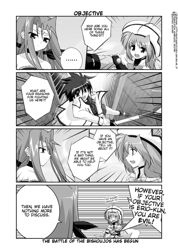 mikage takashi, asclepius (nanoha), caro ru lushe, erio mondial, kerykeion (nanoha), lutecia, lutecia alpine, strada, lyrical nanoha, mahou shoujo lyrical nanoha, mahou shoujo lyrical nanoha strikers, hard-translated, third-party edit, translated, 00s, 1boy, 2girls, ahoge, bow, cape, coat, comic, english text, facial mark, fingerless gloves, forehead mark, gloves, greyscale, hat, magical boy, magical girl, monochrome, multiple girls, open clothes, open coat