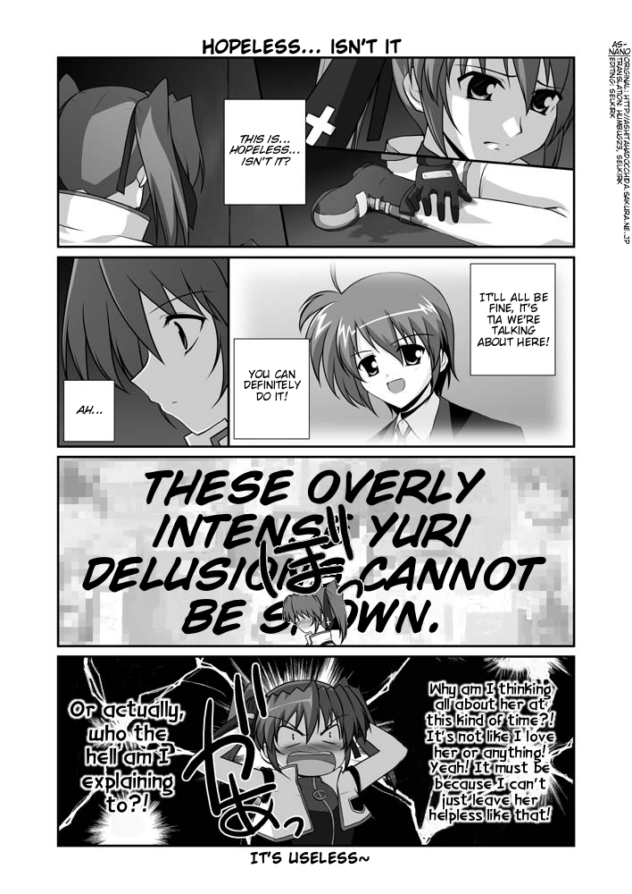 mikage takashi, subaru nakajima, teana lanster, lyrical nanoha, mahou shoujo lyrical nanoha, mahou shoujo lyrical nanoha strikers, hard-translated, third-party edit, translated, 00s, 2girls, blush, censored, comic, english text, gloves, greyscale, jacket, magical girl, military, military uniform, monochrome, mosaic censoring, multiple girls, open clothes, open jacket, tsundere, twintails, yuri