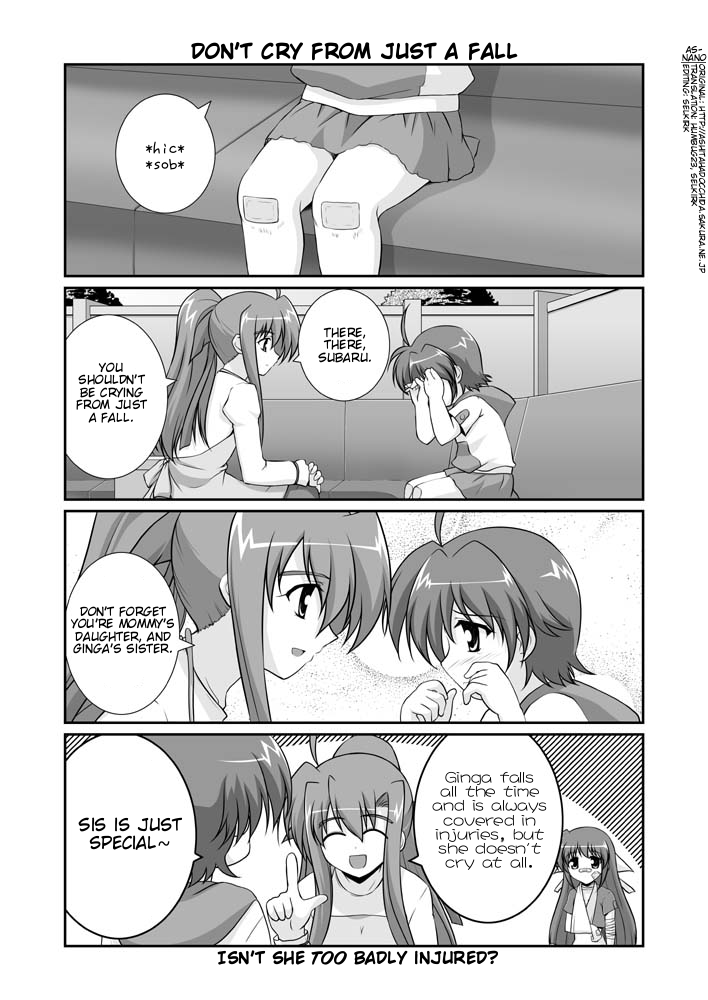 mikage takashi, ginga nakajima, quint nakajima, subaru nakajima, lyrical nanoha, mahou shoujo lyrical nanoha, mahou shoujo lyrical nanoha strikers, hard-translated, third-party edit, translated, 00s, 3girls, ahoge, arm sling, bandage on face, bandaged arm, bandages, bandaid, bandaid on face, bandaid on nose, closed eyes, comic, crying, english text, greyscale, monochrome, mother and daughter, multiple girls, ponytail, rubbing eyes, siblings, sisters