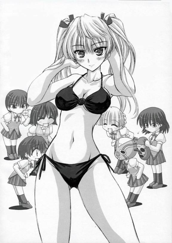 marui, ichijou karen, sarah adiemus, sawachika eri, suou mikoto (school rumble), takano akira, tsukamoto tenma, tsukamoto yakumo, school rumble, jpeg artifacts, 00s, 6+girls, ^ ^, bikini, blonde hair, blush, breasts, camera, chibi, closed eyes, embarrassed, greyscale, happy, large breasts, long hair, looking at viewer, luchador mask, mask, medium breasts, monochrome, multiple girls, school uniform, short hair, side-tie bikini bottom, simple background, smile, swimsuit, twintails, white background