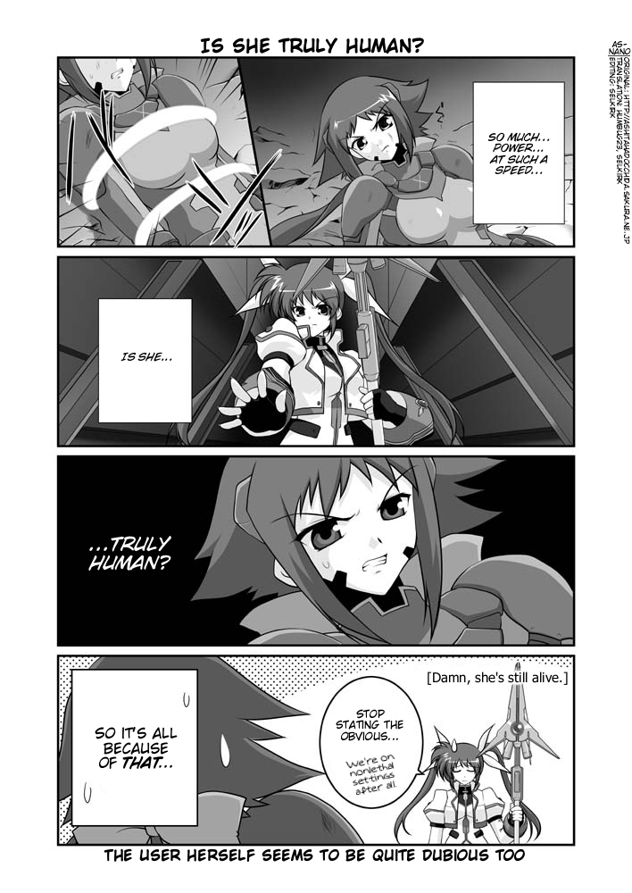 mikage takashi, dieci (nanoha), numbers (nanoha), raising heart, raising heart (exceed mode), takamachi nanoha, takamachi nanoha (exceed mode), lyrical nanoha, mahou shoujo lyrical nanoha, mahou shoujo lyrical nanoha strikers, hard-translated, third-party edit, translated, 00s, 2girls, bodysuit, closed eyes, comic, english text, facial mark, fingerless gloves, gloves, greyscale, jacket, magazine (weapon), magical girl, monochrome, multiple girls, open clothes, open jacket, ponytail, sweatdrop, twintails, white devil