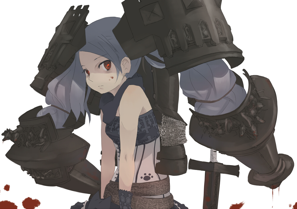 jitsu hidari, ukuel, original, silver hair, 1girl, armor, armored twintails, blood, blood on face, female focus, hair ornament, red eyes, solo, sword, twintails, weapon