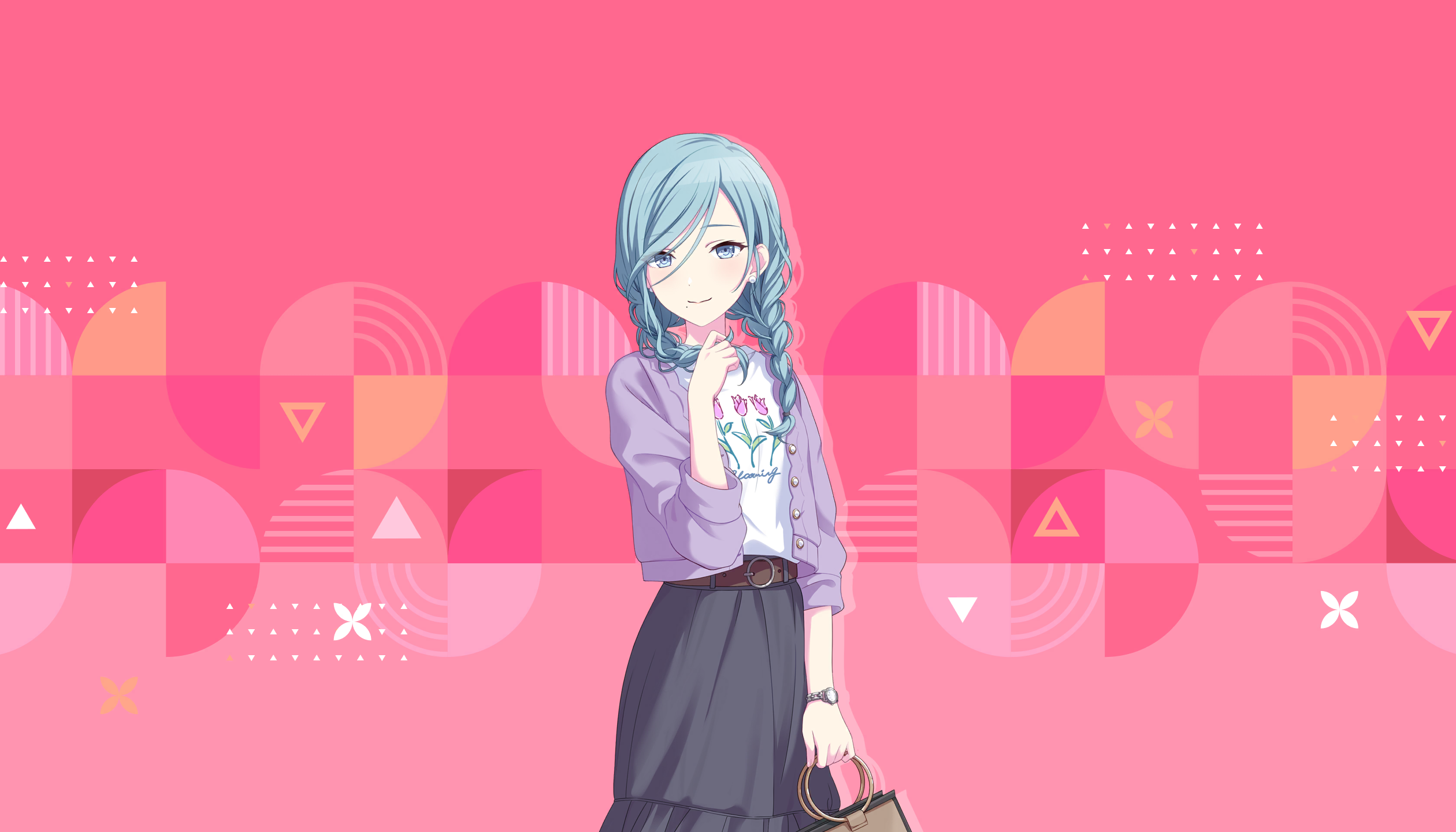 colorful palette, hinomori shizuku, project sekai, game cg, highres, official art, third-party source, 1girl, alternate costume, alternate hair length, alternate hairstyle, bag, belt, black skirt, blue eyes, blue hair, braid, brown bag, brown belt, closed mouth, clothes writing, floral print shirt, hair between eyes, holding, holding bag, jacket, low twin braids, open clothes, open jacket, pink background, purple jacket, shirt, skirt, smile, solo, swept bangs, triangle, twin braids, watch, white shirt, wristwatch